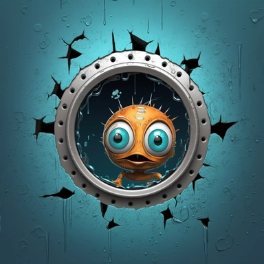 hole in a metal wall, funny alien swimming , trying to crawl out of the hole, fish behind him, clipart style