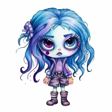 cute Monster High Chibi style girl, Halloween style, white background,clipart watercolor illustration, single object, high definition, white background for removing background