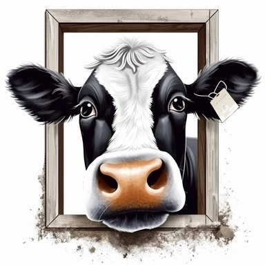 Cute Beautiful Happy Face Funny Black And White Heifer Outside The Farm Background Window Sublimation Clipart ,Cartoon,hyper realistic, intricate detail, illustration style,high solution,on the white background