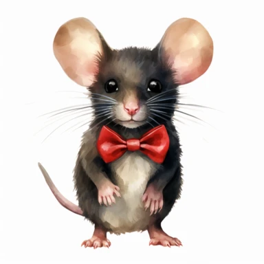 clipart vector image with plain white background of a watercolor painting of a black mouse standing. Distinguished. wearing a red bow tie. extremely detailed.