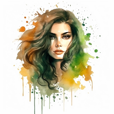 watercolor clipart of a beautiful dark brown long haired woman with green eyes a dimple on her cheek dark arched eyebrows plus size full body