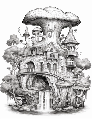 coloring book page, isolated images, illustrations on a white background, Enchanted Forest, waterfall, mushrooms, castle, Clipart, Fairy Forest, greatest for coloring , coloring book page, realistic, bridge, isolated, fussy cuts, highly detailed, hdr, 32K, photo expert quality, coloring book page, realistic, hyperrealistic and highly detailed, isolated on a white background