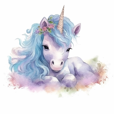 watercolor, clipart, cute baby unicorn with wig, laying down, full body