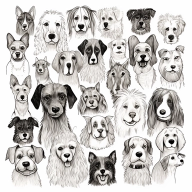 sketches of dogs full din A4, clipart, black and white doodle, funny dogs, line art, poster art