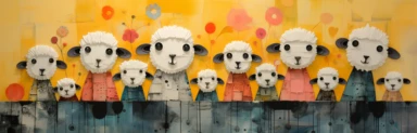 a row of cute miniature lambs, a collage of mixed media art made with tissue paper, magazine and newspaper clippings, oil paint, graphite pencil lines and fabric, in the style of playful surrealism, whimsical, washi tape
