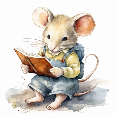 a mouse student reading a book, school uniform, detailed, hd, watercolor, white background, clipart
