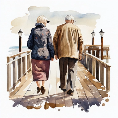 Old Couple Watercolor Clipart walking along a boardwalk with back towards us