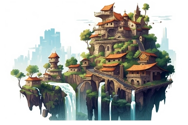 A vector clipart of a majestic waterfall in a fantasy village, cascading down rocky cliffs, surrounded by lush vegetation, and imbued with magical properties, in the style of breathtaking and dynamic vectors, viewed from a waterfall's perspective, hd, spaced out, on a white background