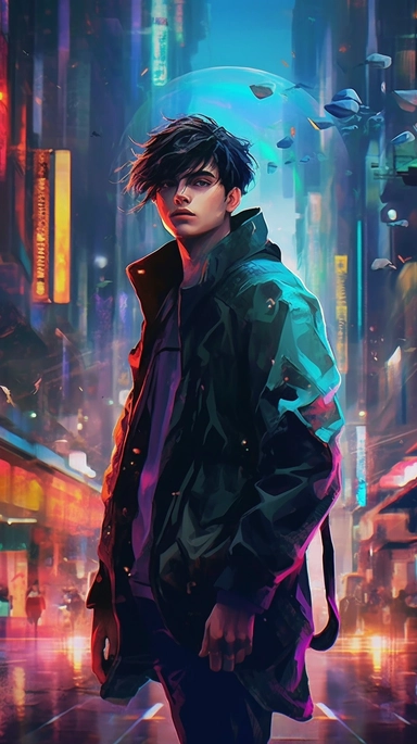 beautiful stunning pretty vintage cyberpunk anime young man, paint art style, clipart, city landscape background, superrealistic, one of a kind