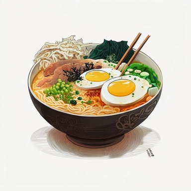 an bowl of japanese ramen, anime art, authentic ramen, white background, clipart