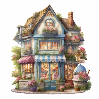 a very cute toy shop with lots of toys , clipart, exterior view, cozy, flowers, luminious, dramatic lighting, super detailed, daytime, Thomas Kinkade style, watercolor, 8k, on isolated white background