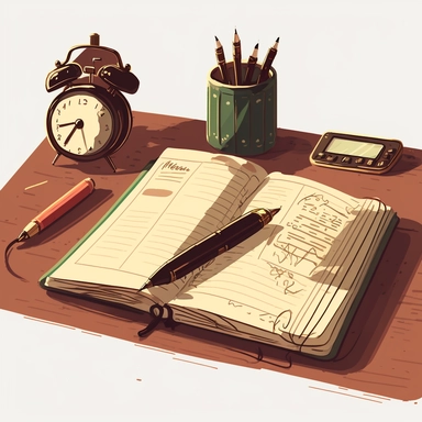 a diary and a pen lying on a desk, clipart style