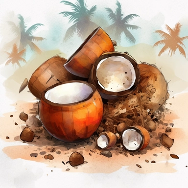 create a beautiful high quality high detail highly saturated watercolor clipart disney style illustration of a COCONUT SHELLS ON THE SAND CONVERTED INTO MUSICAL INSTRUMENTS