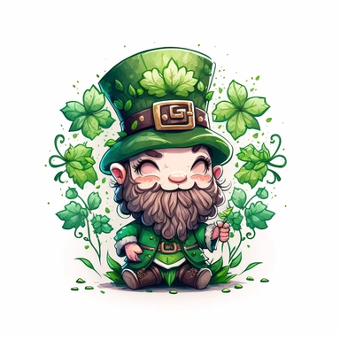 cute good mood dwarf smile wearing a green top hat St Patrick Day, clovers background, illustration, watercolor, chibi, 2d, icon, clipart, white background