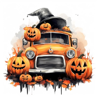 vector watercolor spooky realistic Halloween truck jack o lanterns in truck bed clipart on white background, Halloween truck with pumpkins, photorealistic, ultrarealistic, no background, on white, orange and black and white color scheme