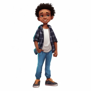 A full body illustration of a black boy with fresh hair cut, modern clothes, disney clipart