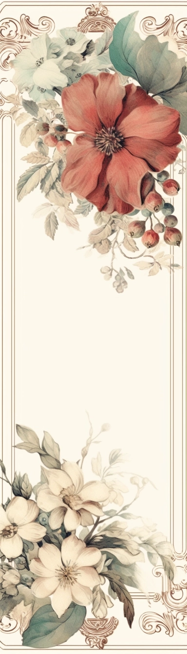 vintage inspired printable rectangle label with intricate sepia colored borders and hand drawn details. detailed with soft watercolor flowers at top edge only. No text. Isolated clipart on solid white background
