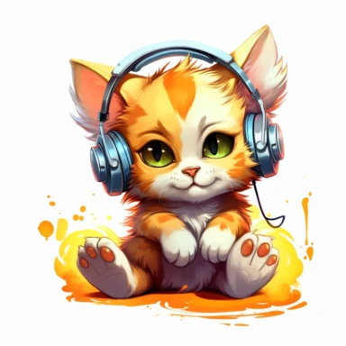 cute kitten listening to music in the style of skottie young, clipart