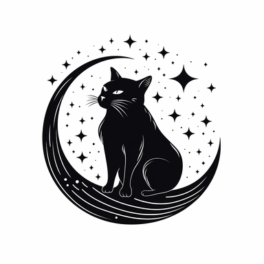 Celestial Black cat on the moon TOUCHING STAR WITH PAW, a crescent moon with stars, magical design for t-shirts, SILHOUETTE DESIGN vector, clipart, white background
