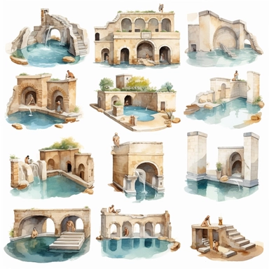 Watercolor well roman baths with people in water and around the baths eating fruit , illustrations clipart set, simple, , cartoon elements, different variants , , marble elements, separate elements with a margin