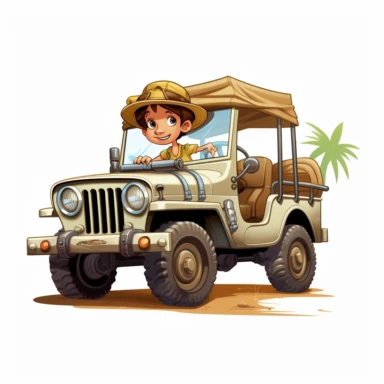 safari jeep, disney style, clipart on white background