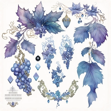 blue rococo grape jewels icicles watercolor clipart