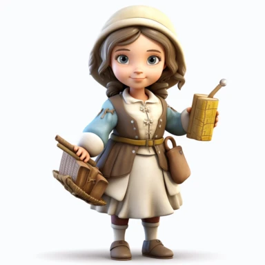 cute 3d cute little girl historian clipart, various ethnicities, medieval historical era, full body, on white background
