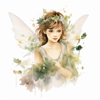 Craft a watercolor clipart image that portrays a realistic little fairy. Employ a meticulous technique, blending soft hues and subtle textures to achieve a lifelike appearance. Picture the fairy with ethereal wings, dressed in a graceful ensemble inspired by nature. Place her amidst a picturesque setting, featuring dainty flowers, gentle sunlight filtering through the leaves, and a touch of sparkling fairy dust.