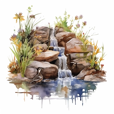 watercolor pond, clipart, in the style of plein air scenes, white background, waterfall from rocks, insects, cattails, wildlife, darker browns and realistic colors