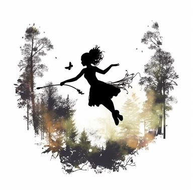 black silhouettes of cute fairy flying with magic wand in the forest, clipart with white background, watercolor style, clearly defined separate image, high quality--ar3:4-no mockups, watermarks, numbers, writing, letters--q2--v5.1--s1000