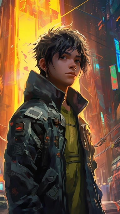 beautiful stunning pretty vintage cyberpunk anime boy, paint art style, clipart, city landscape background, superrealistic, one of a kind