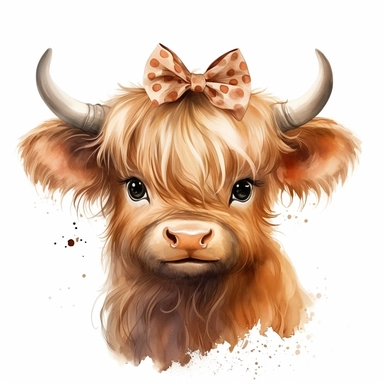 cute watercolor illustration of fullbody highland cow wearing hair bow on head clipart on white background