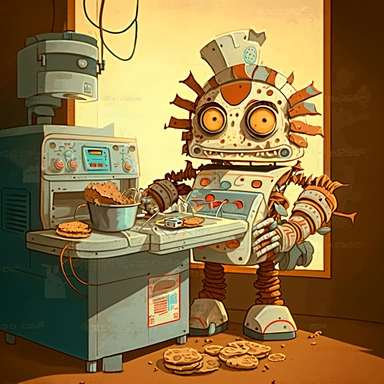 garbage pale kids format, pop surrealism digital art image of broken down, old, rusting, cartoonish, humanoid robot making biscuits in the kitchen of a fast food restaurant. The robot is wearing tattered, McDonalds style uniform, made of clothing for humans. The robot is in an art style inspired by artists like Tara McPhereson, Nooligan, and Robin Eisenberg. To be used for digital clipart. Use dull, 1970's style, yellow, green, brown color scheme for the robot.