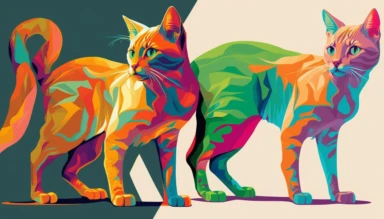 Expressionist cat Painting: ginger cats silute with tail held haigh, Vibrant Colors, pink + green, Intense Emotions, Fauvism, art deco, pop art deco nouveau, flat 2d vector design, illuminati, clipart, detailed trace