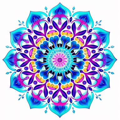 Clipart. White background. Vibrant neon mandalas illuminate the foreground with their intricate and mesmerizing patterns. The bold use of neon colors adds an electrifying energy and modern aesthetic to the traditional art form, symbolizing the dynamic nature of cultural evolution and artistic expression. Delicate lotus flowers, sacred geometric shapes, or subtle references to spiritual concepts enhance the depth and meaning of the artwork, inviting viewers into a meditative and transformative ex
