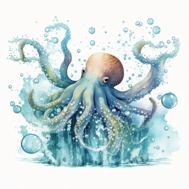 Watercolor drawing of a octopus jumping out of a foamy ocean wave, playful, happy. Marine clipart. Ocean, sea creature