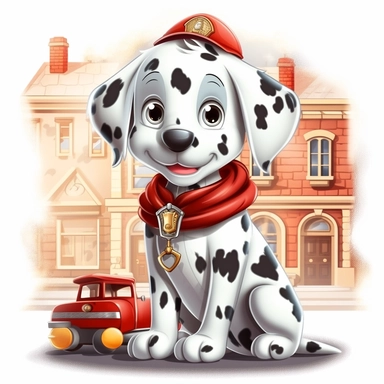 clipart of a cute dalmatian puppy sitting on the sidewalk next to a fire station