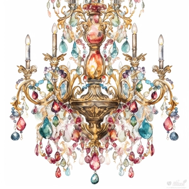 Make a clipart of a watercolor victorian chandelier, rococo, with bright jewel colors, gold accents, hd, white background