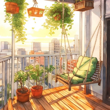 watercolor, hyper realistic, white background, white margins, 16k, ultra detailed clipart, cut out image, hand-drawn, whimsical manhwa style, ultra HD, sharp and clean art cozy balcony with a hanging swing chair, decorated with fairy lights and green plants,