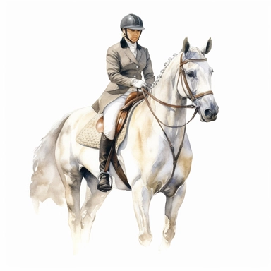 close up view of realistic watercolor drawing of an equestrian, on a white background where the background will be removed to repurpose as a clipart.