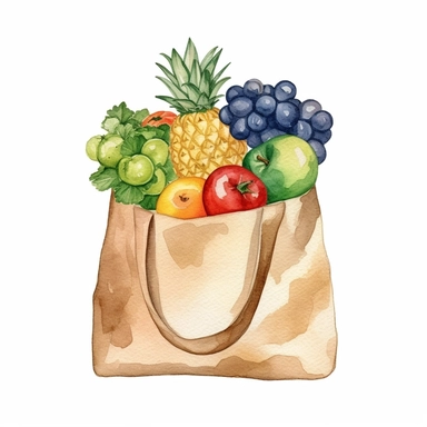 watercolor clipart simple plain beige tote bag with fruits and vegetables sticker, white background