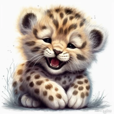 full body of a cute happy smiling baby cub leopard, hello, in the style of jody bergsma, insanely fluffy fur, clipart with white background,32k uhd, hand-painted details, charming character illustrations, amazing colours combo ,aquarellist, hd , how beautiful and cute it is,white background clipart