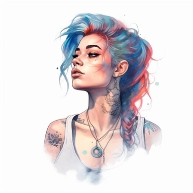 watercolor style, a beautiful girl with clearly visible tattoos, type of a creative person: graphic designer, freelancer, fashion designer, content manager or similar. Expressing freedom and self confidence. Modern and bold look. Realistic colors. Realistic picture. Clipart, isolated on white background, 4K