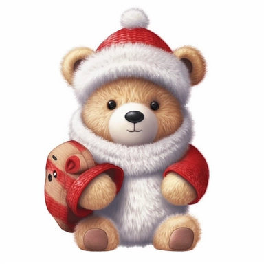 A cute Santa Teddy bear, full color, knitted painting texture, Perfect for nursery art and children's book illustration style, simple, cute, full color, clipart, watercolor illustration, single object, high definition 8k, white background for removing background