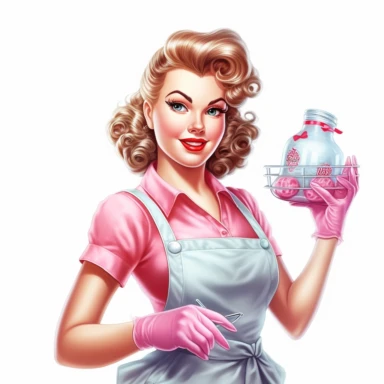 beautiful pretty pin up woman, makeup and hair 50's style, diferent poses,maid dressed, paint art style, cleaning furniture 50's style, detail, clipart, white background, superrealistic, one of a kind