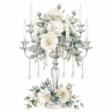Hand drawn tall 3 tiered crystal candelabra wedding centerpiece, white roses and white flowers with greenery, sparkly crystals, glamorous, very detailed and realistic, watercolor, clipart style, white background with margins