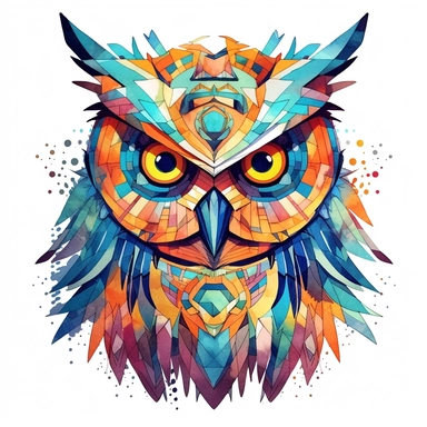 Curious Owl, geometric-inspired illustration, clipart, abstract style, vibrant colors, white background