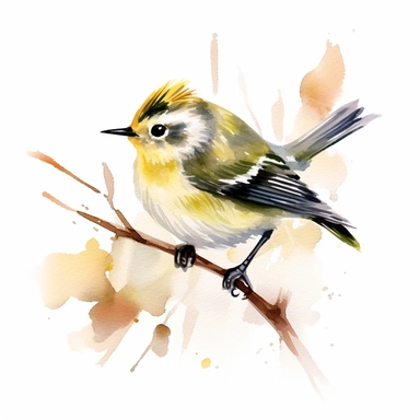 American Goldcrest bird, water color style, clipart, white background
