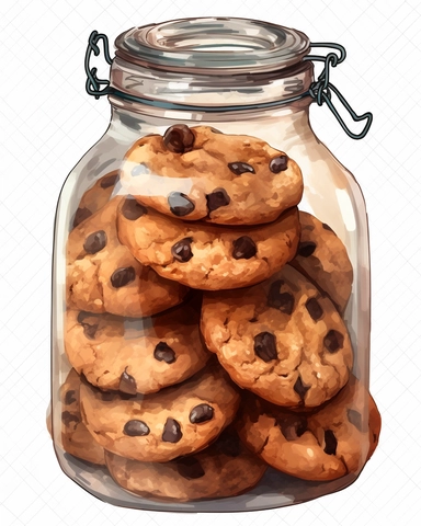 detailed watercolor of pile of chocolate chip cookies on a glass jar, realistic, isolated on white background, clipart