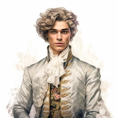 beautiful stunning handsome boy in vintage baroque fashion , paint art style, clipart, white background, superrealistic, one of a kind